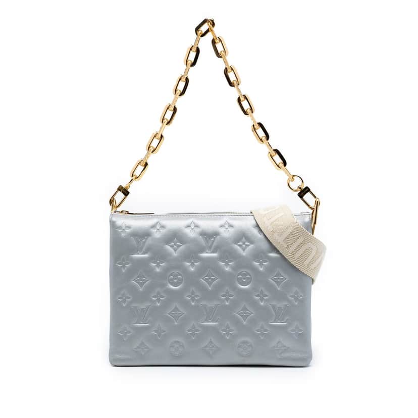 Louis Vuitton Monogram Embossed Puffy Lambskin Coussin PM Silver Leather Very good condition - Front View