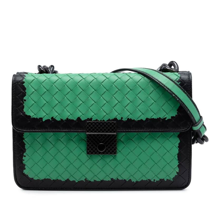 Bottega Veneta Bicolor Nappa Intrecciato Double Flap Shoulder Bag Green Leather Very good condition - Front View