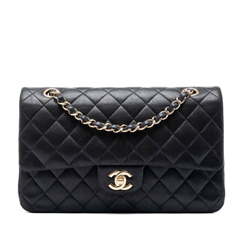 Chanel Medium Classic Lambskin Double Flap Black Leather Very good condition - Front View