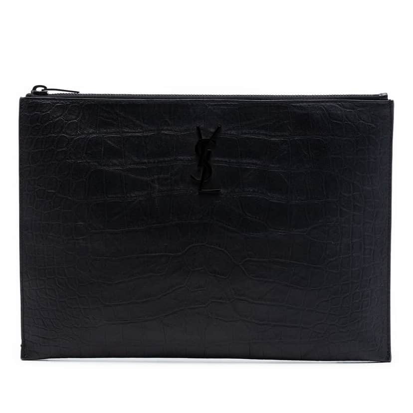 Saint Laurent Croc Embossed Leather Monogram Document Holder Black Leather Very good condition - Front View