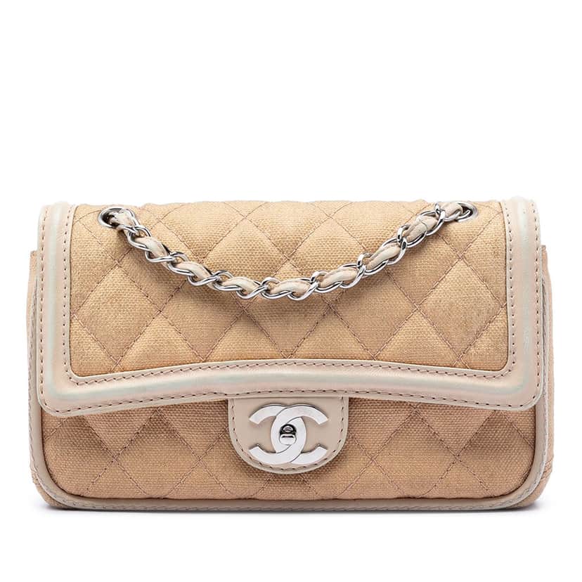 Chanel Medium Classic Canvas Lambskin Trimmed Double Flap Beige Very good condition - Front View