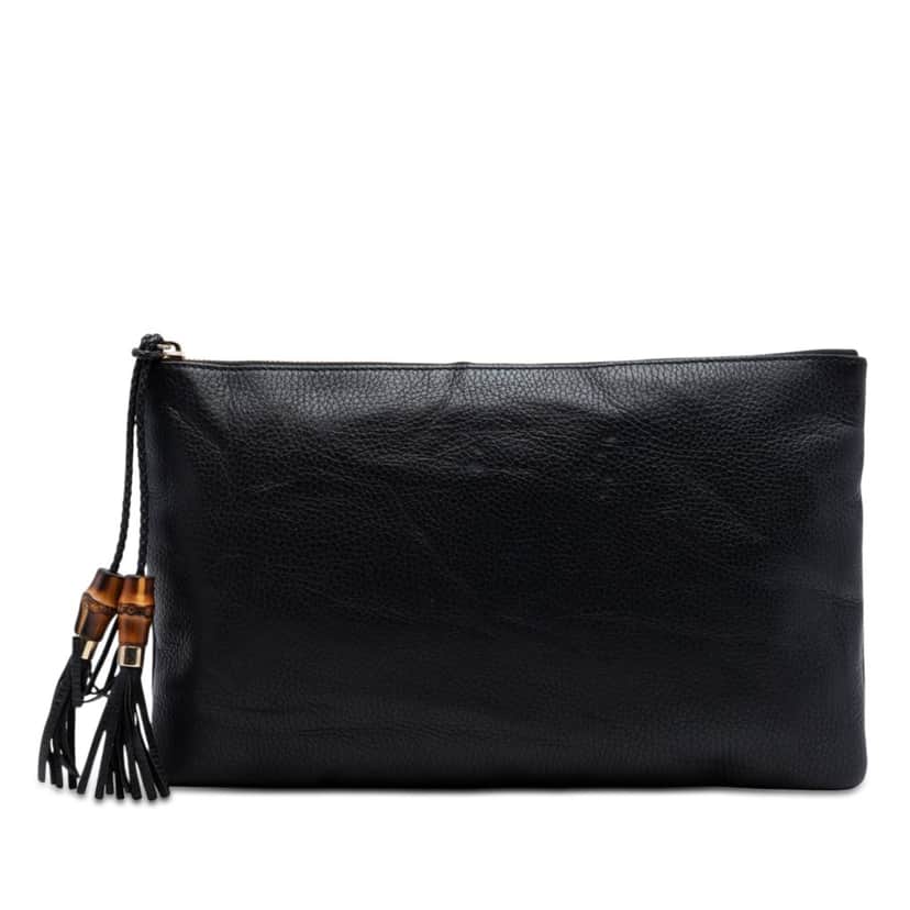 Gucci Calfskin Bamboo Tassel Clutch Black Leather Very good condition - Front View