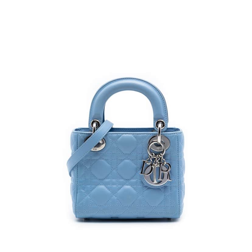 Dior Mini Lambskin Cannage Lady Dior Blue Leather Very good condition - Front View
