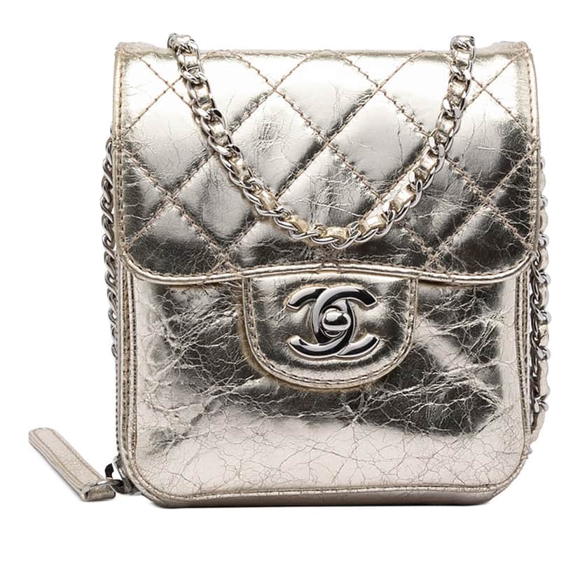 Chanel Quilted Metallic Aged Calfskin Clams Wallet on Chain Gold Leather Very good condition - Front View