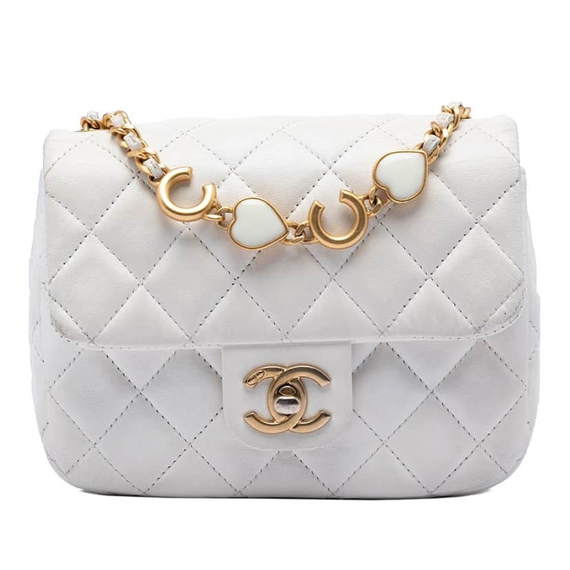 Chanel Mini Square Classic Lambskin Enamel Coco Hearts Single Flap White Leather Very good condition - Front View