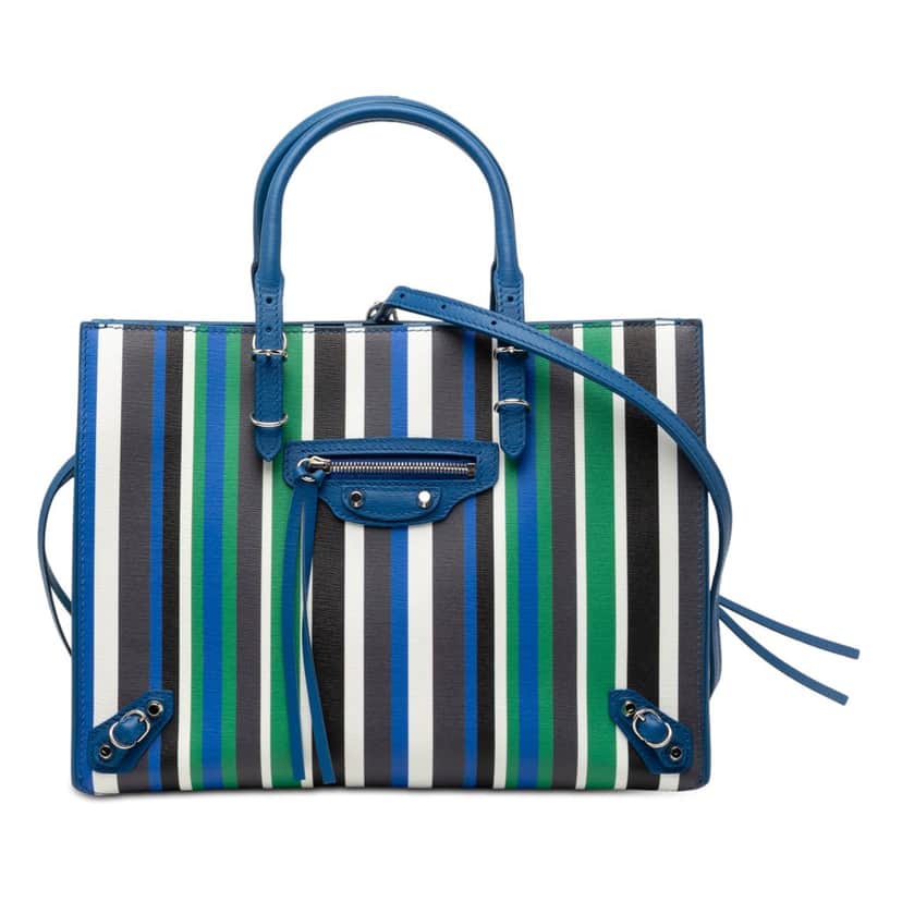 Balenciaga Mini Leather Striped Papier A6 Zip Around Satchel Blue Leather Very good condition - Front View