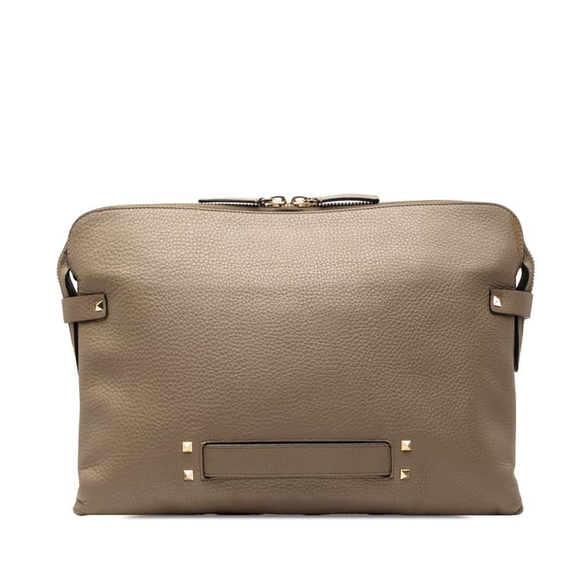 Valentino Grained Calfskin Rockstud Clutch Brown Leather Very good condition - Front View