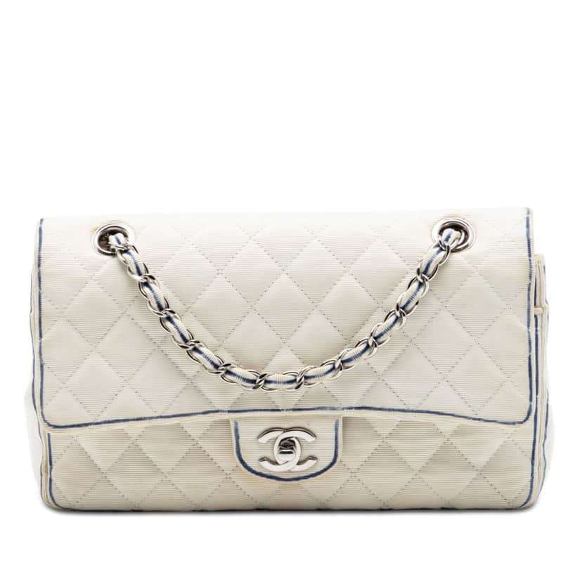Chanel Medium Classic Printed Grosgrain Double Flap White Very good condition - Front View