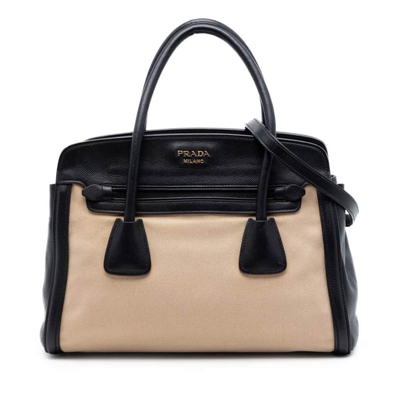 Prada Bicolor Saffiano Cuir Trimmed Canvas Satchel Beige Very good condition - Front View