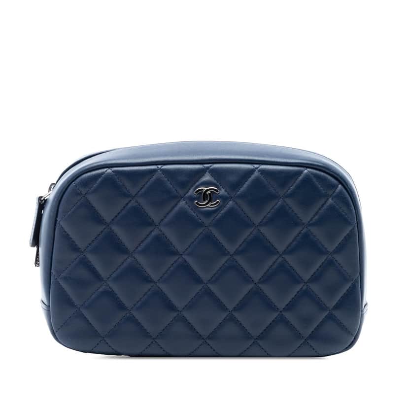 Chanel Large Quilted Lambskin Curvy Cosmetic Pouch Blue Leather Very good condition - Front View