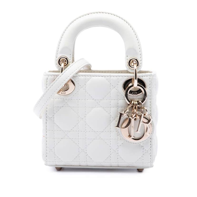 Dior Micro Lambskin Cannage Lady Dior White Leather Very good condition - Front View