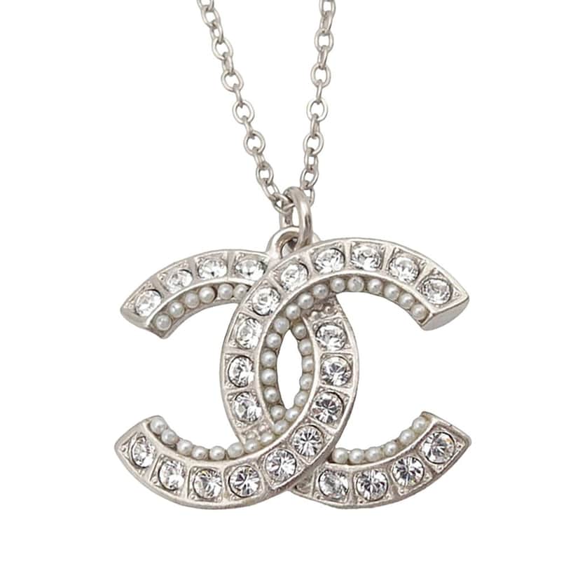 Chanel CC Brass Strass and Faux Pearl Pendant Necklace Silver Metal Very good condition - Front View