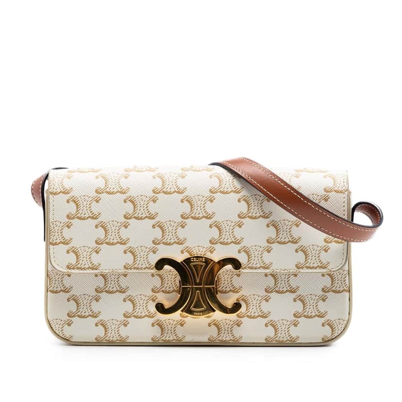 Celine Triomphe Coated Canvas Claude Shoulder Bag White Very good condition - Front View