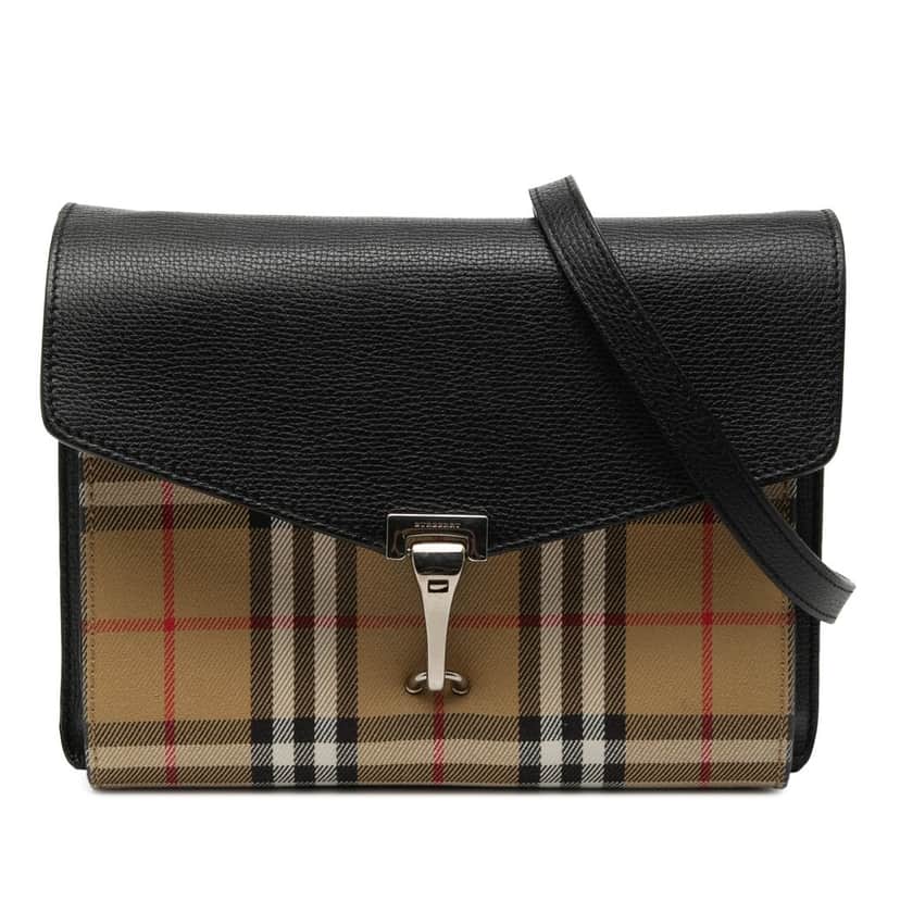 Burberry Small Leather and House Check Canvas Derby Macken Crossbody Beige Very good condition - Front View