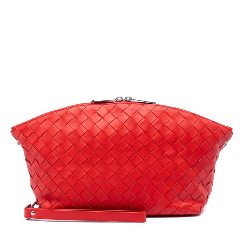 Bottega Veneta Nappa Intrecciato Wristlet Pouch Red Leather Very good condition - Front View