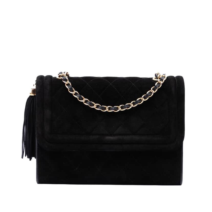 Chanel Quilted Suede Tassel Flap Black Leather Very good condition - Front View