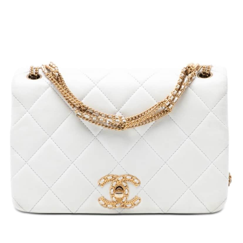 Chanel CC Quilted Lambskin Looping Chain Flap White Leather Very good condition - Front View