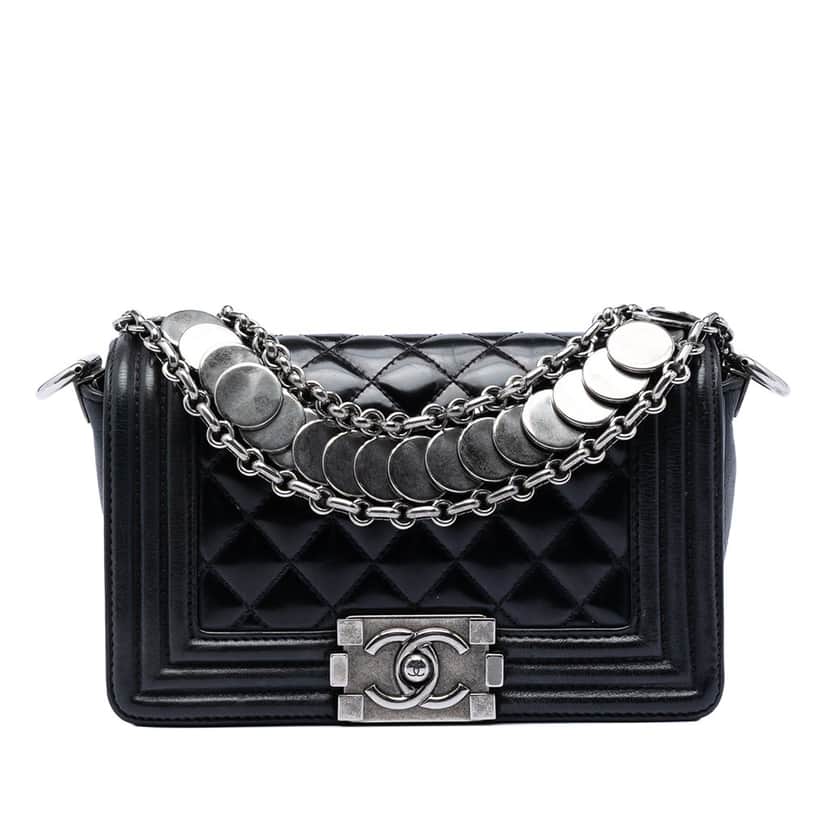 Chanel Paris Bombay Small Quilted Patent Medallion Embellished Boy Flap Black Leather Very good condition - Front View