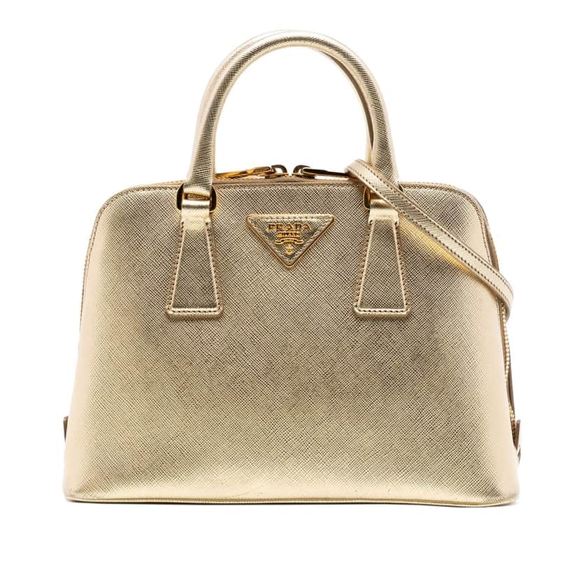 Prada Small Saffiano Lux Promenade Satchel Gold Leather Very good condition - Front View