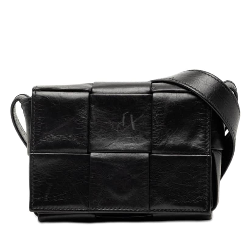 Bottega Veneta Candy Paper Calfskin Intrecciato Cassette Crossbody Black Leather Very good condition - Front View
