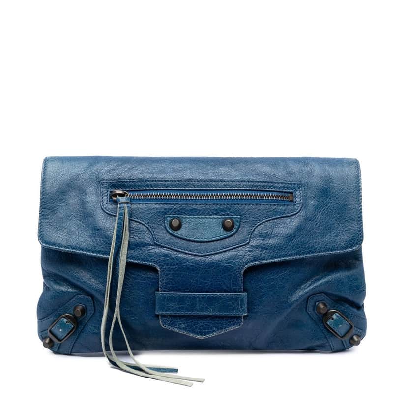Balenciaga Lambskin Motocross Classic Envelope Clutch Blue Leather Very good condition - Front View