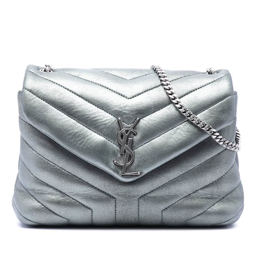 Saint Laurent Small Matelasse Metallic Calfskin Monogram LouLou Shoulder Bag Silver Leather Very good condition - Front View