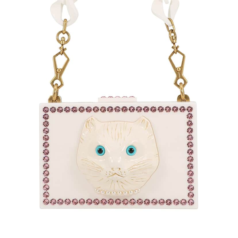 Gucci Acrylic Crystal Cat Face Box Clutch On Chain White Plastic Very good condition - Front View