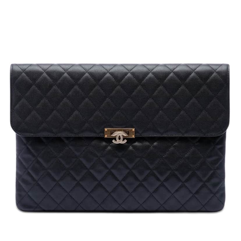 Chanel Large Quilted Caviar Golden Class O Case Clutch Black Leather Very good condition - Front View