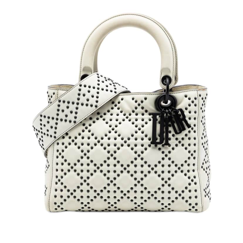 Dior Medium Lambskin Cannage Studded Supple Lady Dior White Leather Very good condition - Front View