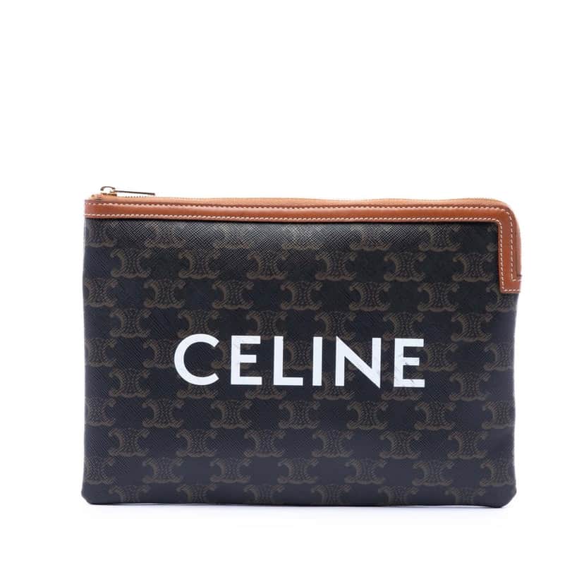 Celine Small Triomphe Coated Canvas Clutch Brown Very good condition - Front View