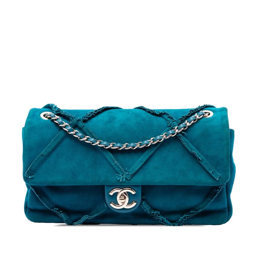 Chanel Suede Goatskin Diamond Fringe Flap Blue Leather Very good condition - Front View