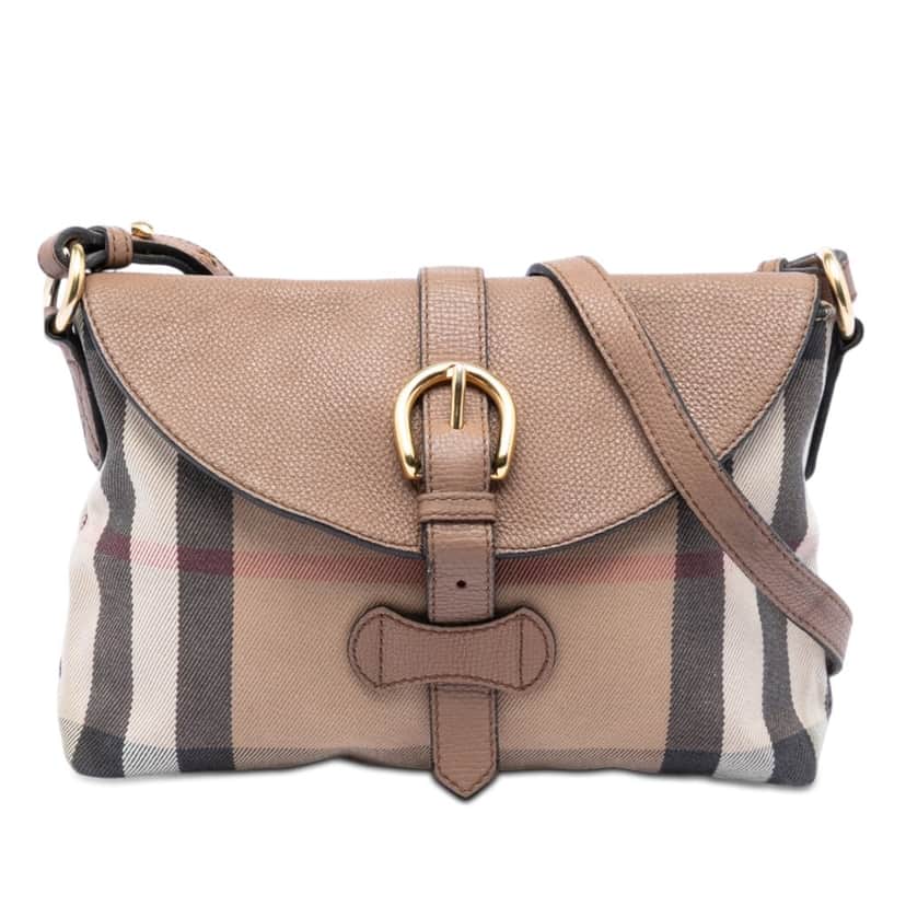 Burberry Small House Check Canvas and Leather Horseshoe Milton Crossbody Brown Very good condition - Front View