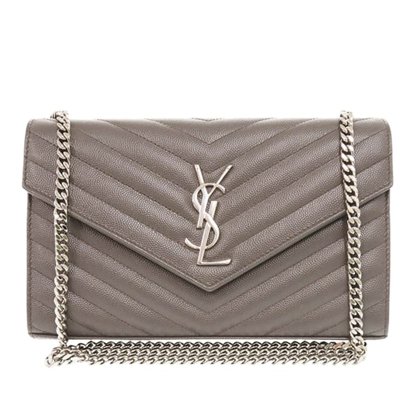 Saint Laurent Grain De Poudre Matelasse Chevron Classic Cassandre Chain Wallet Brown Leather Very good condition - Front View