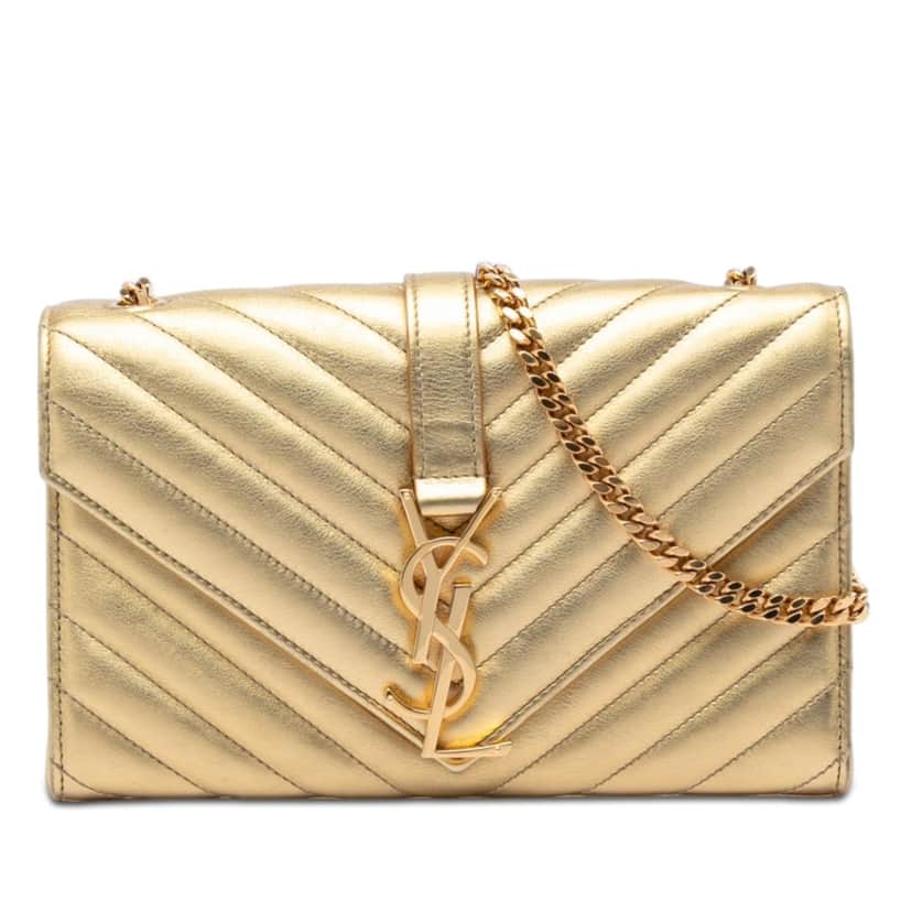 Saint Laurent Small Chevron Metallic Calfskin Monogram Envelope Bag Gold Leather Very good condition - Front View