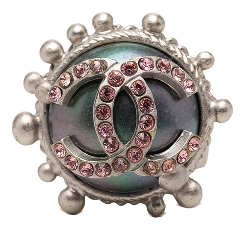 Chanel CC Brass Strass Ring Silver Metal Very good condition - Front View