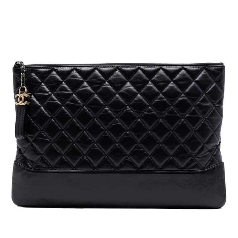 Chanel Large Aged Calfskin Gabrielle O Case Clutch Black Leather Very good condition - Front View