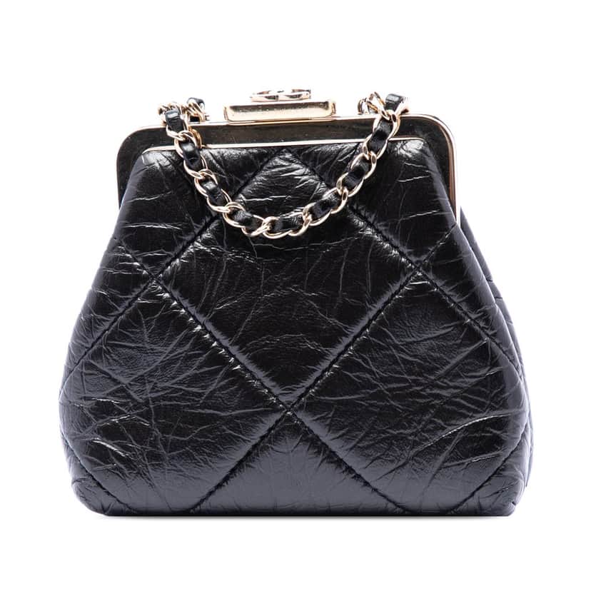 Chanel Quilted Aged Lambskin Kiss Lock Clutch with Chain Black Leather Very good condition - Front View