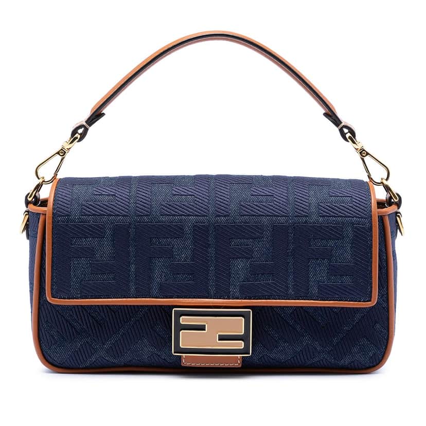 Fendi Zucca Embroidered Denim Baguette Satchel Blue Very good condition - Front View
