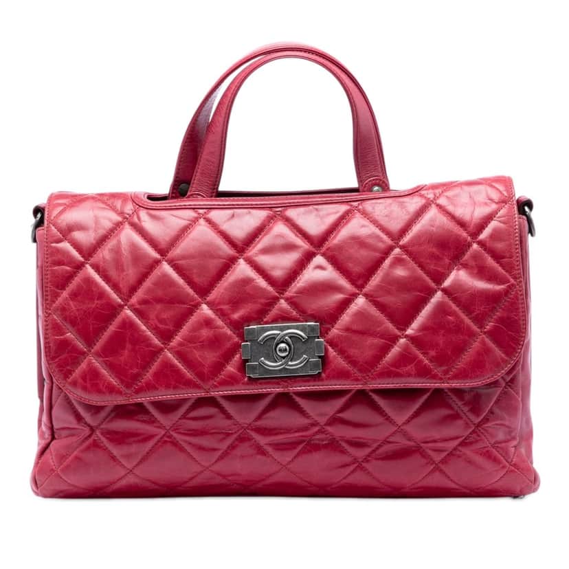 Chanel Quilted Glazed Calfskin Convertible Boy Top Handle Bag Red Leather Very good condition - Front View