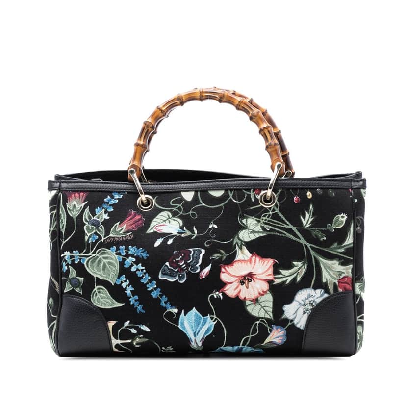 Gucci Medium Canvas Flora Knight Bamboo Shopper Satchel Black Very good condition - Front View