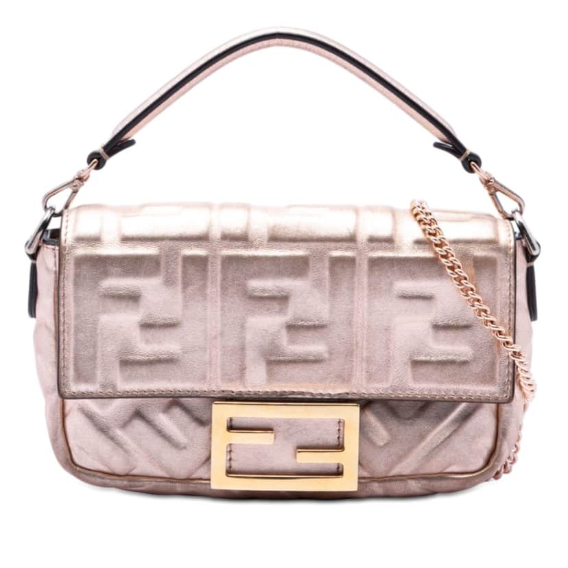Fendi Mini Zucca Embossed Metallic Leather Baguette Satchel Pink Leather Very good condition - Front View