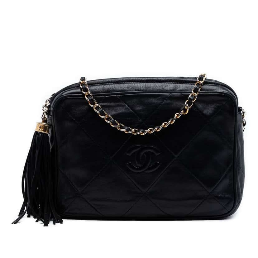 Chanel CC Quilted Lambskin Tassel Camera Bag Black Leather Very good condition - Front View