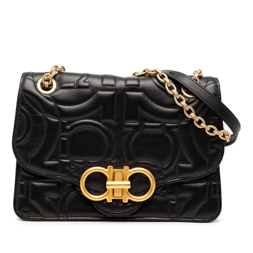 Ferragamo Quilted Leather Gancini Flap Shoulder Bag Black Leather Very good condition - Front View