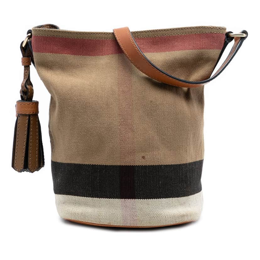 Burberry Mini Mega Check Canvas Ashby Tassel Bucket Bag Brown Very good condition - Front View