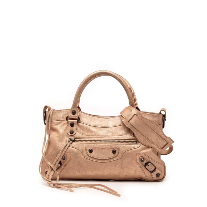 Balenciaga Metallic Craquele Suede Motocross Classic First Satchel Pink Leather Good condition - Front View