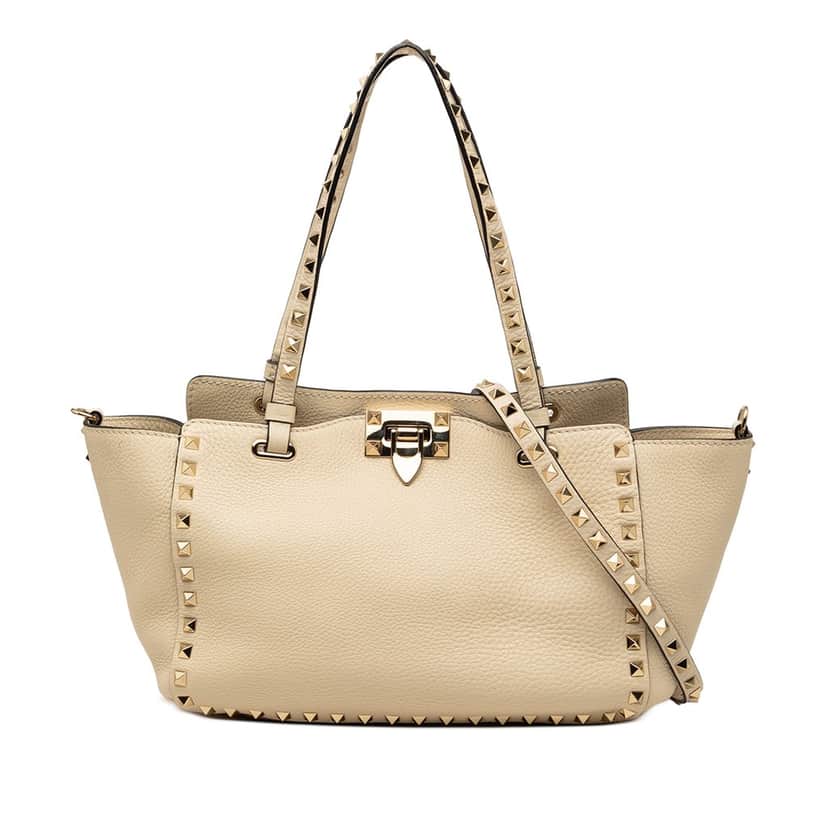 Valentino Small Grained Calfskin Rockstud Trapeze Satchel Beige Leather Very good condition - Front View