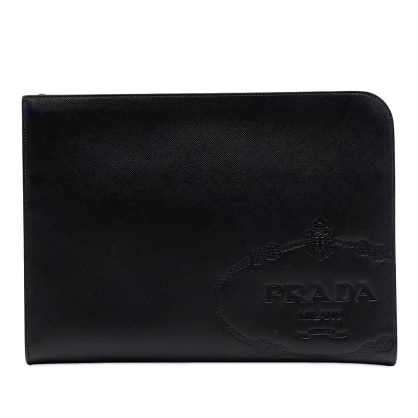 Prada Saffiano Logo Clutch Black Leather Very good condition - Front View