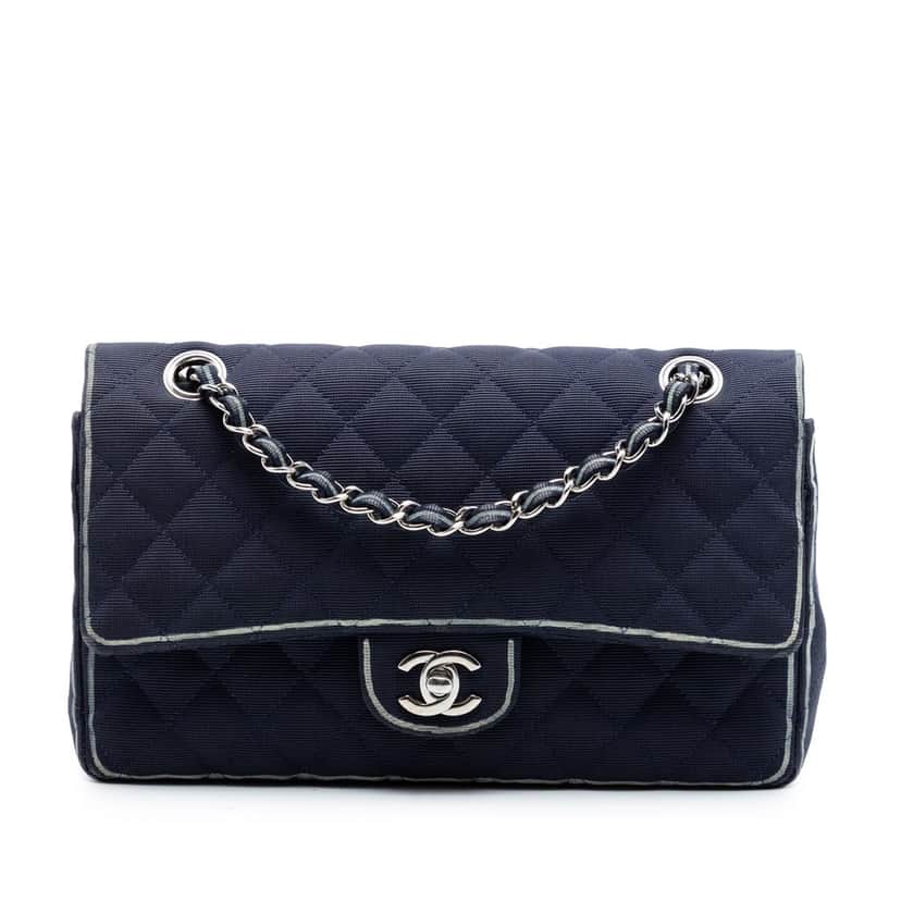 Chanel Medium Classic Printed Grosgrain Double Flap Blue Very good condition - Front View
