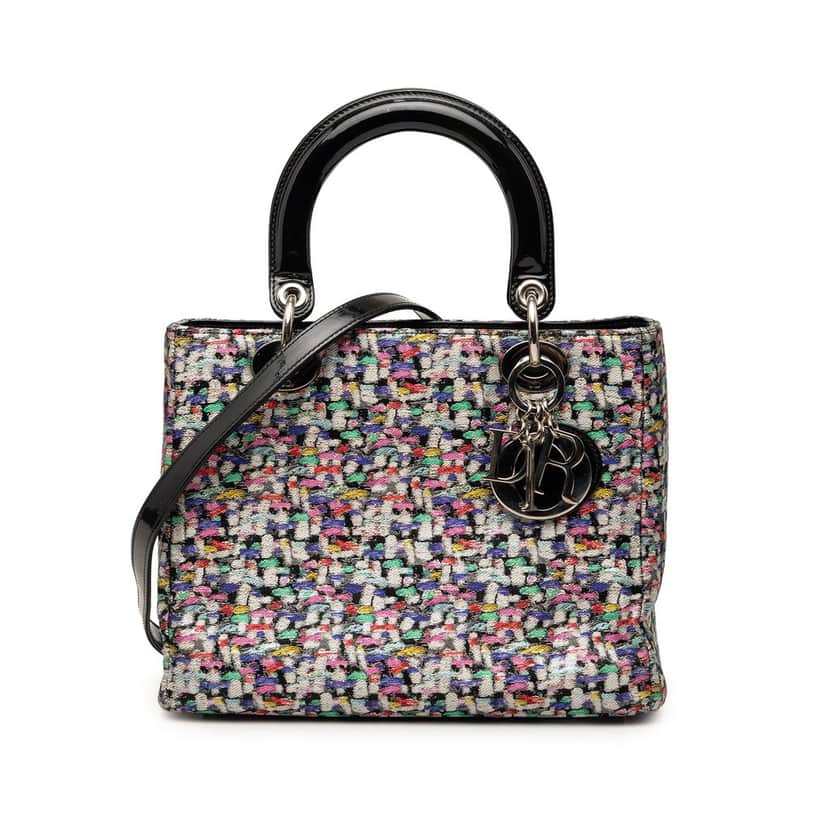 Dior Medium Multicolor Metallic Fabric and Patent Leather Lady Dior Black Very good condition - Front View