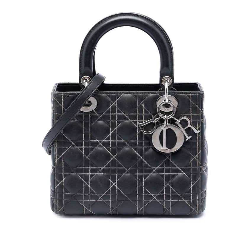 Dior Medium Lambskin Cannage Contrast Stitch Lady Dior Black Leather Very good condition - Front View